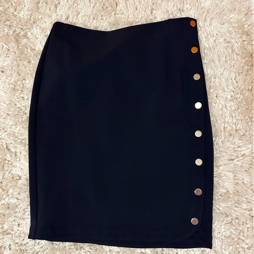 Doncaster Navy Blue/Silver Button Work Skirt
